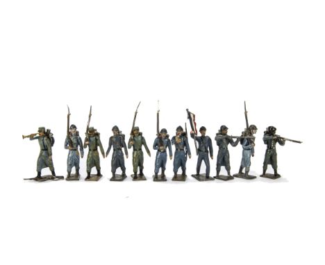 Mignot French troops in horizon blue comprising pre WW2 version marching in kepis,  (8 inc bugler), pre WW2 version standing 