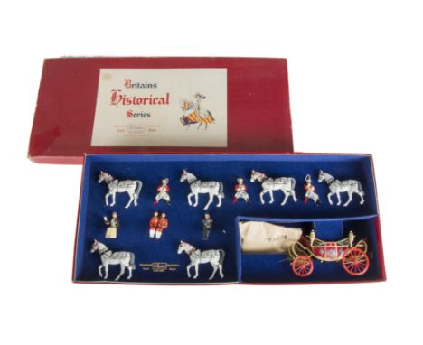 Britains post WW2 set 9402 The State Open Road Landau, restrung into original Britains Historical Series box, VG in VG box, s