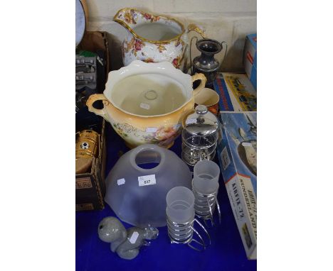 Mixed Lot: Large wash jug, jardiniere, glass light shade and other items