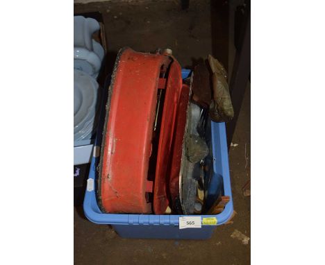 Box of vintage kitchen wares, scales etc