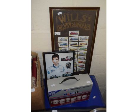 Wills framed cigarette cards, a box of Mobil mugs and a further Formula One print (3)