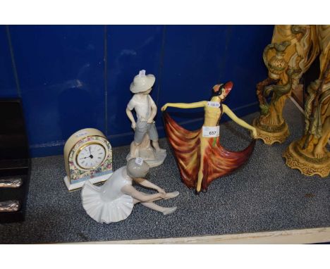 Group lot including Nao model of a Ballerina, Wedgwood mantel clock and two further figures