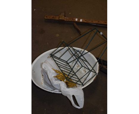 A milk bottle caddy, enamel bowl and  gilt and white leaf light fittings