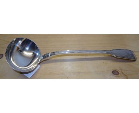 A Victorian silver fiddle and thread pattern Soup Ladle engraved with a monogram, London 1862, maker: Francis Higgins III, 9.