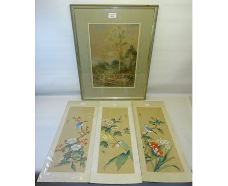 A Watercolour of a Woodland Landscape signed with a monogram, 14" (36cms) x 10" (25cms) and three Chinese Scroll Paintings.