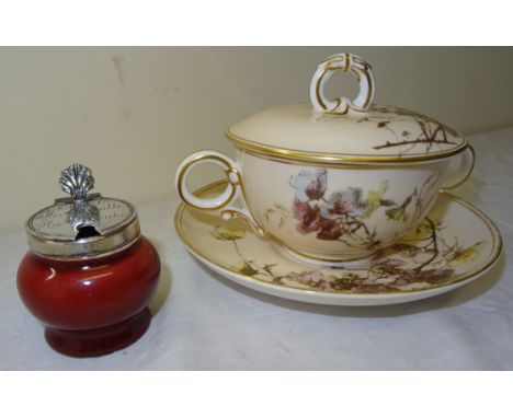 A Linthorpe Pottery Mustard Pot with plated cover inscribed "Hurst Sculls 1891" and a Royal Worcester two handled Bowl with c