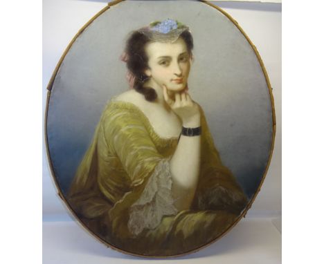 V ROBERT; a half length oval Pastel Portrait on canvas of a 19th Century European lady wearing a lace cap and a gold silk dre