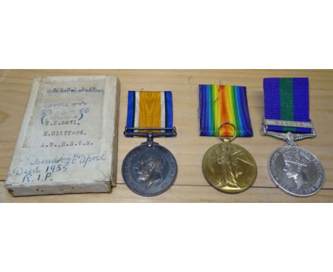 A pair of First World War Medals to H Clifford A.B.RNVR, in box of issue, and George VI Malaya Medal to Signalman W R Mesham,