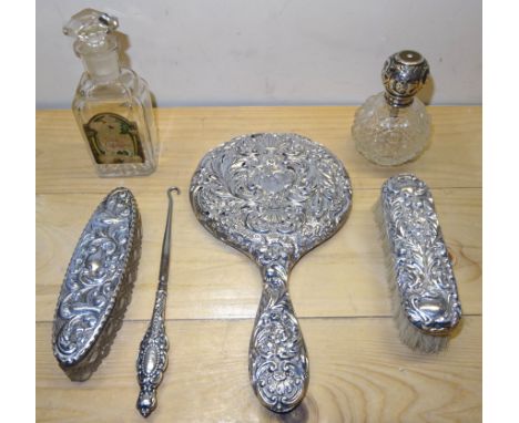 A glass globe Scent Flask with silver cover, glass Dressing Table Box with silver cover, and other dressing table items.