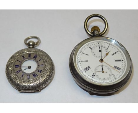 A Continental open face Chronograph in engine turned silver case and a Victorian half hunter fob watch in engraved silver cas