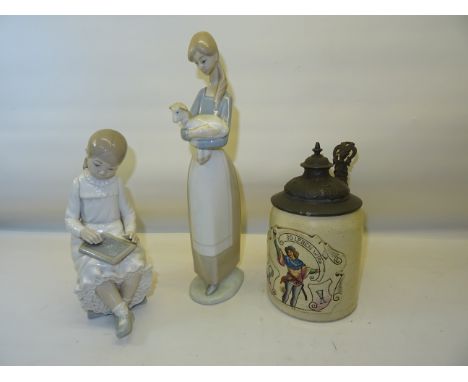 A Lladro Figure of a girl holding a lamb, a Nao Figure of a girl and a German pottery Stein.