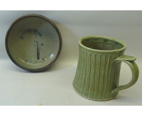A Bernard Leach Studio Pottery Bowl with painted decoration.  4 1/2" (12cms) diameter and a Jeremy Leach mug. 
