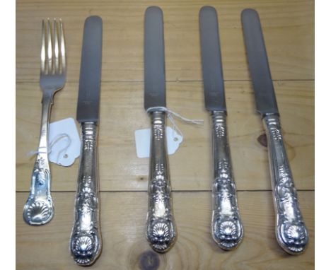 Four silver handled Table Knives with stainless steel blades, London 1837, and a Scottish silver Table Fork, Edinburgh 1838.