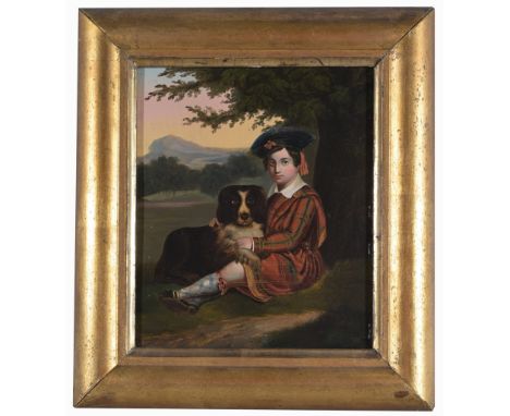 Antique British School Portrait, Boy and Dog.  Oil on board.  Appears to be unsigned.  Sight Size: 8 x 7 in.Overall Framed Si
