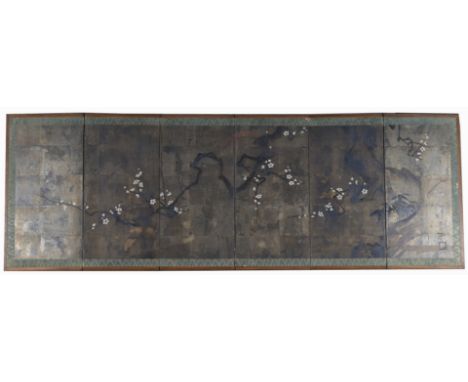 Early Antique Japanese Edo Period 6 panel  Screen, Signed/sealed lower right.   Watercolor/gouache depiction of a cherry  blo