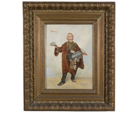 19th C. "The Mouse Catcher", Signed Krattner.  Old gallery labels verso.  Oil on panel.  Signed upper left.Sight Size:  12.5 