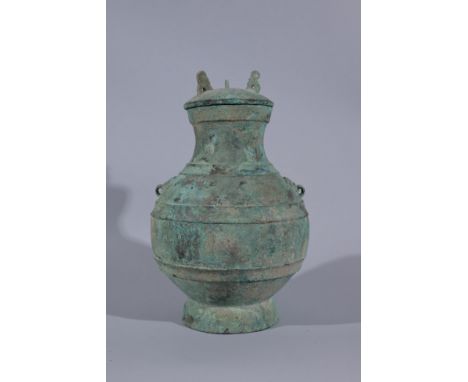 Rare Chinese Han Dynasty Bronze Hu Vessel W/ LidHan Dynasty, excavated in the Shan-Sai province, Northern part of China.An el