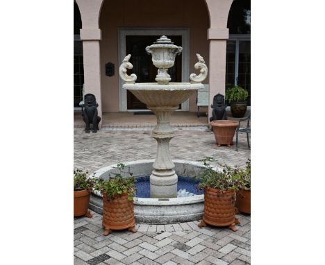 Important Original Addison Mizner (American, 1872 - 1933)  "Frog and Dolphin" Stone Fountain.Dimensions: 87 x 40 in. (interio