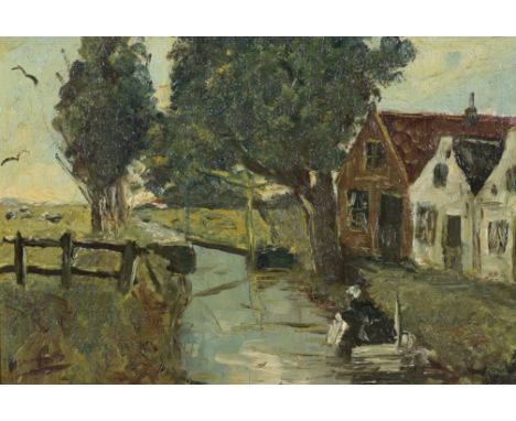 Christiaan Snijders (Netherlands, 1881 - 1943)Oil painting of a woman washing clothes in a river.Oil on board.  Signed lower 