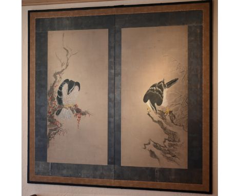 Large Antique Hand Painted Watercolor/Gouache Japanese ScreenDimensions: 62 x 64.5 in.- This item is currently being stored o