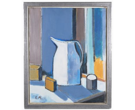 Egon Moldrup, 20th C. Still Life Painting.  Inscribed verso Oil on canvas.  Initialied lower left.Sight Size: 18 x 14 in.Over
