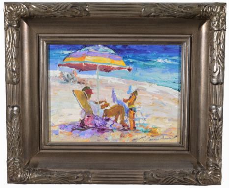 Barry Thomas (Arkansas, California, Born 1961) Oil on board painting of a mother and daughter at the beach resting under an u