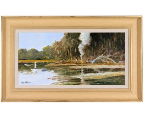 Ray George Ellis (South Carolina, Massachusetts, 1921 - 2013) "Shrimp Casting"Original oil on canvas painting. Signed lower l