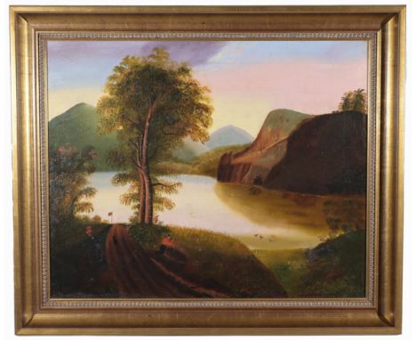 19th C. Hudson River School painting of figures fishing in a Hudson River Landscape.  Oil on canvas.  Appears to be unsigned,