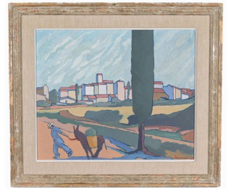 1953 European School Painting of a Village.  Signed and dated lower right.  Oil on board.Sight Size: 15 x 18 in.Overall Frame