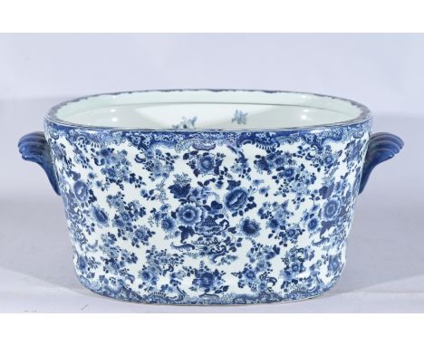 Chinese Blue and White Painted Porcelain Foot  Bath Bowl. Marked on base. oval in shape  with bombe sides, the vintage porcel