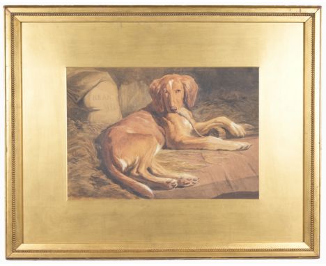 Basil Bradley (UK, 1842 - 1904)Watercolor of a Dog.  Signed lower right.Sight Size: 10 x 15 in.Overall Framed Size: 20 x 24 i