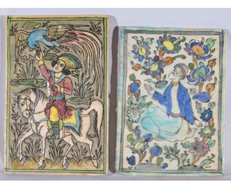 (2) Antique Hand Painted Persian Qajar  Ceramic Tiles.  Dimensions:  15 x 10 in / 14 x 10 in.- Provenance: this item comes fr