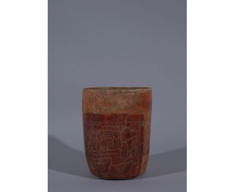 A marvelous Maya cylinder from Guatemala, ca. 400 – 700 AD.  This thin-walled beauty featured two incised renditions of Chaac