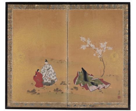 Antique Japanese 2-Panel Screen,  Signed/sealed lower right.   Watercolor/gouache depiction of figures under  a cherry blowwo