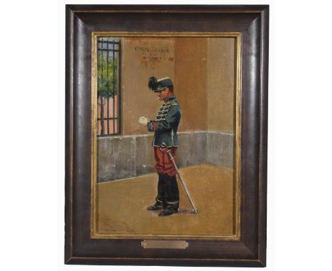 Jules Monge (France, 1855 - 1934)Painting of a soldier.Oil on board.  Signed lower left.Sight Size: 12.5 x 9 in.Overall Frame