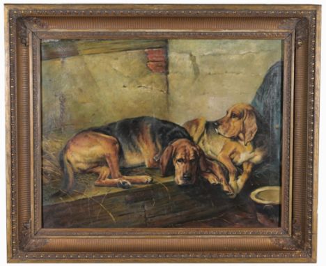 19th C.  Painting of Bloodhounds.  Appears to be unsigned, has not been examined outside of frame.  Oil on canvas.Sight Size: