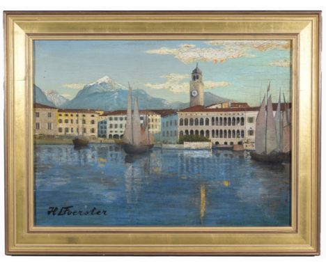 Antique European School Harbor Scene Signed lower left.  Oil on canvas.Sight Size: 13 x 18 in.Overall Framed Size: 17 x 22 in