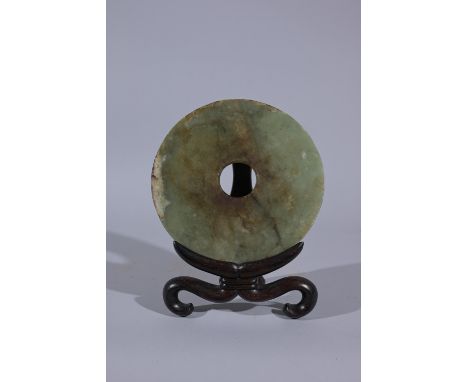 Antique Chinese Jade Bi Disc on StandDiameter: 6.75 in.  - Provenance: this item comes from the private collection of Lou A. 