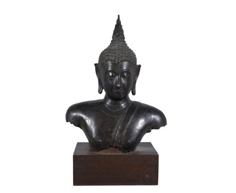 Large Early Antique Sukhothai Buddha Bronze Bust on Stand.Sculpture Height: 23 in.  - Provenance: this item comes from the pr