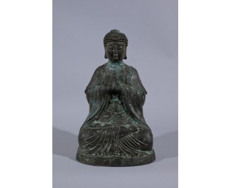 Early Antique Bronze Seated Buddha FigureHeight: 14 in.  - Provenance: this item comes from the private collection of Lou A. 