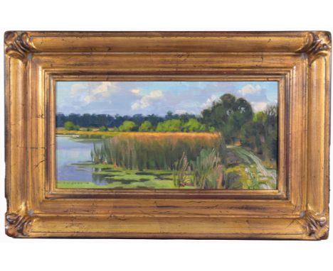 Jim Lamb (Washington, Montana, Born 1946)"Sunbreaks and Shadows".Oil on linen.  Signed in lower portion. Original gallery lab