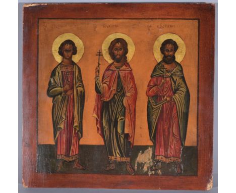 19th C. Russian Icon Depicting three saints.   Oil/Tempera on Board.  Size:  10.75 x 10.75 in.- Provenance: this item comes f