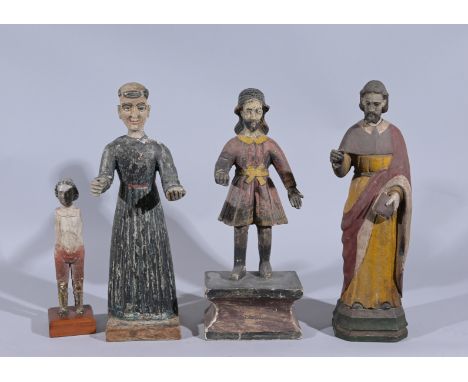 (4) Antique Carved Wood Polychromed Santos FiguresTallest Heights: 18 in.  - Provenance: this item comes from the private col