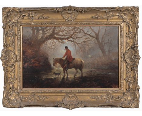 Thomas Henry Gibb (UK, 1833 - after 1893)Painting of hunter on horseback in foggy landscape.Oil on Canvas. Signed lower right