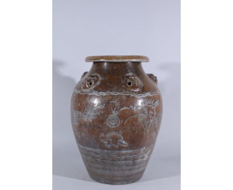 Song Dynasty Brown-Glazed Martaban Storage Jar with Dragon Motif.Height: 21 in.  - Provenance: this item comes from the priva