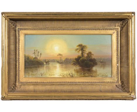 Clinton Loveridge (American, 1838 - 1915)"Sunset Over the Marshes"Oil on Board. Signed lower right.Sight Size: 6.5 x 12 in.Ov