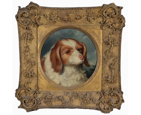 Manner of George Stubbs (1726-1806)  A red and white spaniel in a landscape.  Oil on canvas.  Appears to be unsigned, has not
