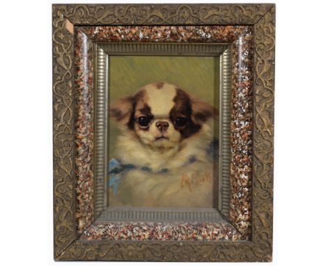 19th C. Portrait of a Dog.  Signed indistinctly lower right.  Oil on canvas.Sight Size: 9 x 6 in.Overall Framed Size: 13 x 10