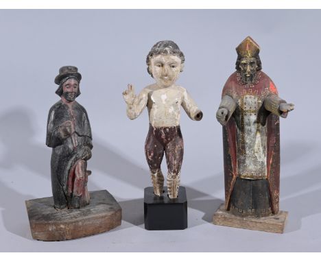(3) Antique Carved Wood Polychromed Santos FiguresTallest Height: 14 in.  - Provenance: this item comes from the private coll