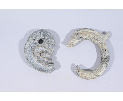 (2) Chinese Hongshan Culture Neolithic Carved JadesHeights: 7 / 5.75 in.  - Provenance: this item comes from the private coll